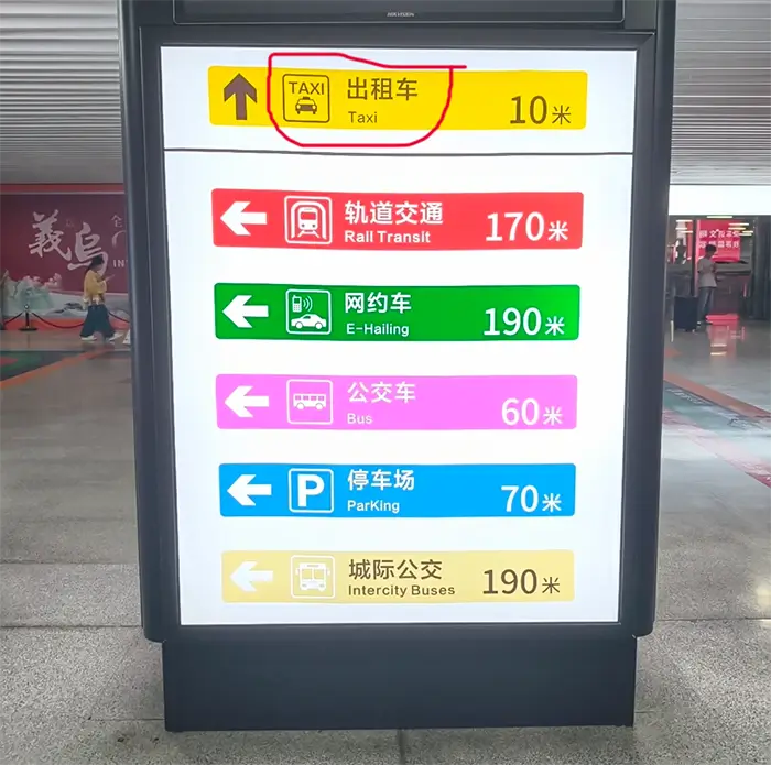 Transportation signs inside Yiwu Railway Station